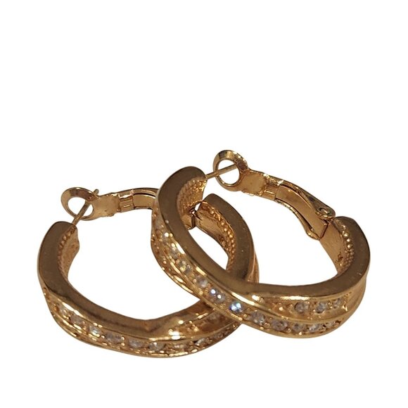 Vintage Gold-Tone Crystal Inlaid Hoop Earrings With Latch Back Closure - Picture 1 of 8